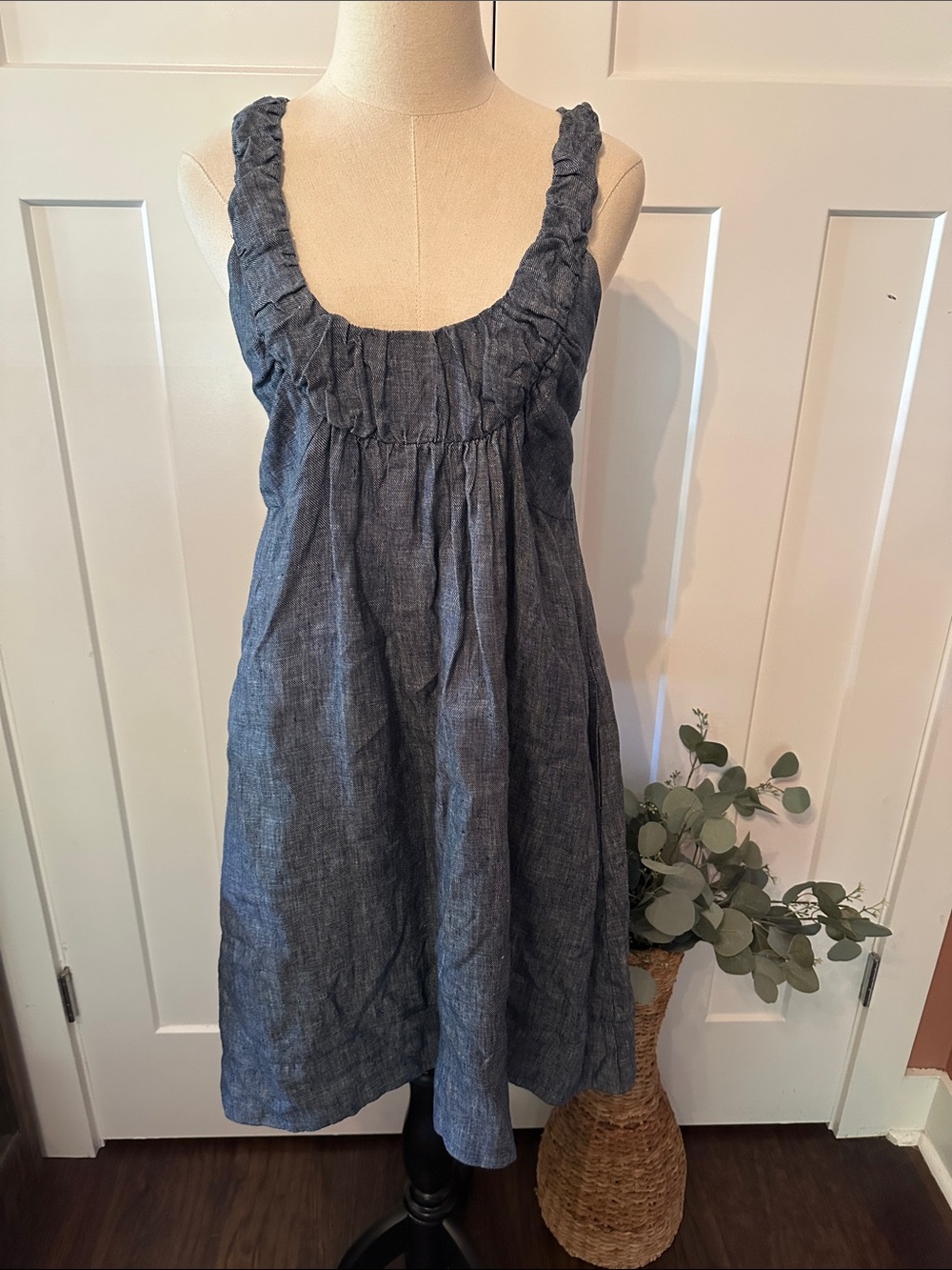 Anthropologie Staci Woo Souvenir Ed. Blue Chambray linen 3 midi pockets Sundress - Picture 1 of 11